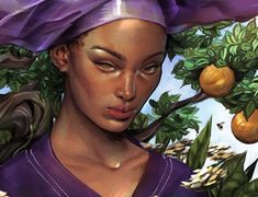 a painting of a woman with a purple scarf on her head and fruit trees in the background