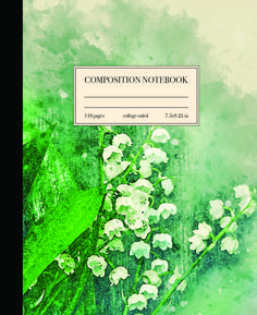 the composition notebook features white flowers and green leaves