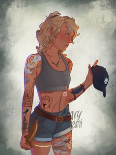 a drawing of a woman with tattoos holding a baseball cap in her right hand and pointing to the side