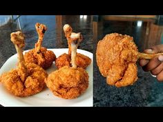 two pictures of fried food being held up by someone's hand and another photo of fried food on a plate