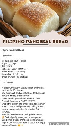 a recipe for filipino pandesal bread on a plate with the instructions