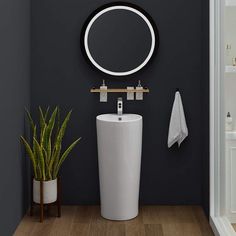 a white sink sitting under a round mirror next to a potted plant in a bathroom