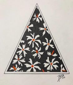 a drawing of a triangle with white and orange flowers on black paper, in the shape of a flower