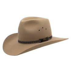 The Golden Spur is a classic Western inspired hat with a pinched, tapered crown and a firm brim with slight curling in the front quarters. This is a statement hat for work or for best, and if you're looking for something a little American with the quality of Australian-made, the Golden Spur will do the trick. Features: 98mm cut brim Plaited cord and faux-leather band Ventilation eyelets Genuine leather sweatband Made in Kempsey, Australia Fabric: 100% Rabbit fur felt, satin lining For general care tips, please see our HAT CARE page.  Please note: Colours may vary slightly from photographs. Akubra Hats, Statement Hat, Country Hats, Leather Books, Head Shapes, Rabbit Fur, Leather Belts, Top Hat, Straw Hat