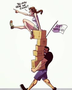 a man and woman climbing on top of cardboard boxes with signs in the shape of people