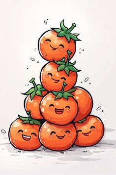 a stack of oranges with faces drawn on them, all in the same pattern