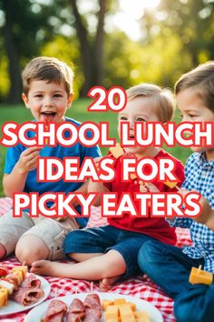 two young children sitting on a picnic blanket eating food with the words 20 school lunch ideas for picky eaters