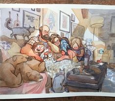 a drawing of people sitting at a table with dogs and cats in the room behind them