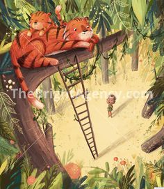 an illustration of two tigers laying on top of a tree in the jungle, with a little boy standing next to them