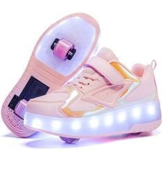 PRICES MAY VARY. The Favorite gift: There are 7 colors of shiny lights, 11 light modes, static, flashing, and fast flashing. The appearance is Polyurethane Synthetic Leather and colorful reflective materials, the sole is transparent TPR material, beautiful shoes, fashionable and novel design, it is a good choice for birthday gifts, Christmas gifts, and parties! Multifunctional: easy to use, the wheels can be stowed, you can choose to release the wheels when you need to slide, and immediately ret Shoes With Wheels, Skate Boy, Led Light Color, Girls Roller Skates, Logo Game, Roller Skate Shoes, Roller Shoes, Led Shoes, Color Shoes