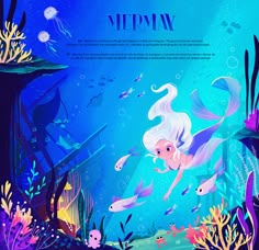 the little mermaid is swimming in an ocean with fish and corals on it's sides