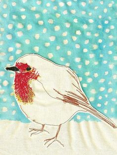 a drawing of a bird sitting on top of a blue and white background with snow flakes