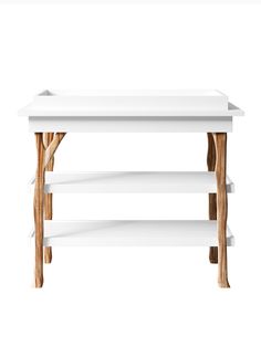 a white table with wooden legs and two shelves on each side, against a white background