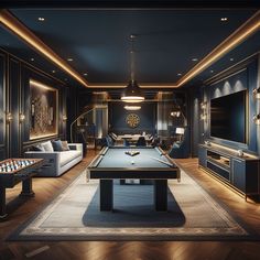 a pool table in the middle of a living room