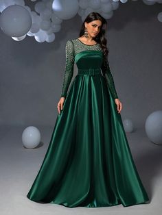 Pearl Embellished Satin Formal Evening Dress, Elegant Long Sleeve Prom Wedding Guest Gown, For Graduation, Dinner Dark Green Elegant  Long Sleeve Satin Colorblock,Plain A Line Slight Stretch All,Fall/Winter Weddings & Events, size features are:Bust: ,Length: ,Sleeve Length: Forest Green Long Sleeve Gown, Green Long Sleeve Princess Dress, Green Winter Dress, Dark Green Princess Dress Long Sleeve, Formal Green Long Sleeve V-neck Dress, Anarkali Green Long Sleeve Gown, Gown For Graduation, Green Winter Dresses, Wedding Guest Gown