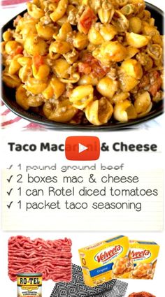 the recipe for taco macaroni and cheese is shown in an advert