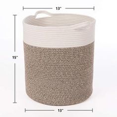 a large white and beige basket with two sides on the bottom, measurements for each side