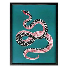 a painting of a snake with red and black stripes on it's head, against a teal background