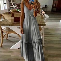 US Women Casual Loose Tie Dye Strappy Long Maxi Dress V Neck Boho Beach Sundress Dresses For Beach, Gradient Dress, Loose Tank, Estilo Hippie, Beach Dresses Summer, Sleeveless Dresses, Beach Maxi Dress, Suspender Dress, Mid Length Skirts