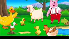 an animated farm scene with pigs, chickens and ducks