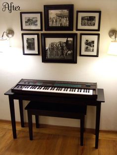 a piano sitting on top of a hard wood floor next to pictures and framed photos