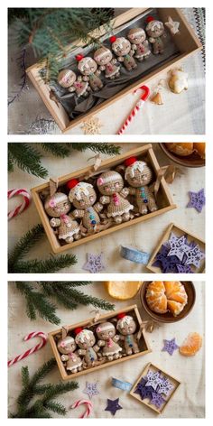 two pictures show different types of cookies and candies in wooden trays on a table