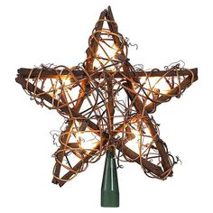 a lighted star shaped christmas ornament with lights on it's sides and brown wire wrapped around the top