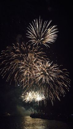 fireworks are lit up in the night sky over water with boats and ships on it