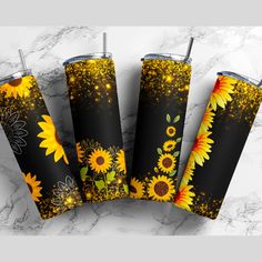 four sunflowers on black and gold glitter tumblers