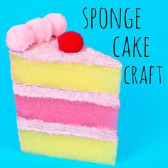 there is a piece of cake with pink and yellow frosting on it that says sponge cake craft