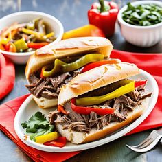 two sandwiches with peppers and pickles are on a plate next to a bowl of salad