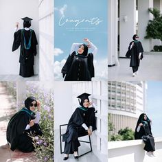 a collage of photos showing a woman in graduation gown