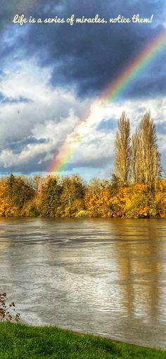 a rainbow shines in the sky over a river with trees and grass on both sides