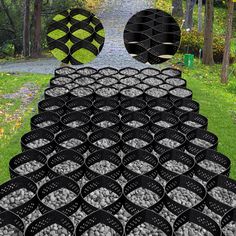 several rows of black plastic baskets filled with rocks and gravel in the middle of a park