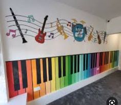 a colorful wall with musical notes and guitars on it