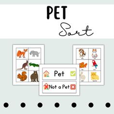 a printable pet sort game for kids with pictures and words on the front page