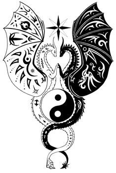 a dragon with an umbrella tattoo design on it's back, and the yin symbol is