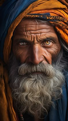 an old man with a long beard and orange turban looks into the camera