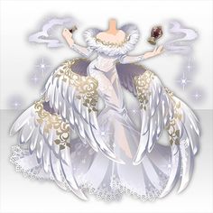 an angel with white wings and gold accents on it's body is surrounded by snowflakes