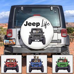 four jeeps with the words jeep life painted on them are shown in three different colors