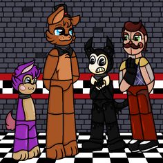 five cartoon characters standing in front of a brick wall