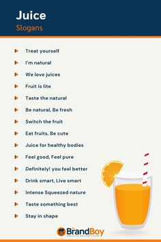 Juice Slogans Healthy Juice Captions, Juice Names Ideas, Juice Branding Design Logos, Juice Bar Names Ideas, Juice Shop Names Ideas, Fruit Business Ideas, Juice Campaign, Juice Business Ideas, Juice Logo Design Ideas