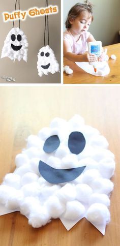 a collage of photos showing how to make puffy ghosts