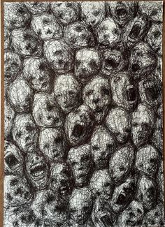 an abstract drawing of many skulls on a brown background with black and white lines in the middle