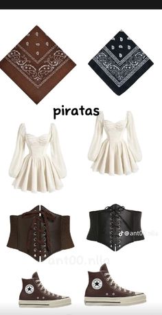 four different types of clothes and shoes with the words piratas written on them