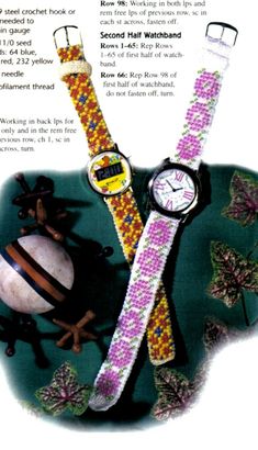 an advertisement for a watch with colorful beads and butterflies on the strap, in front of a white background