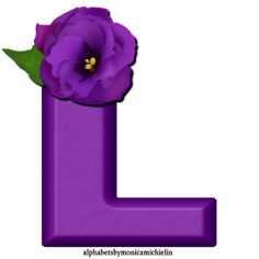 the letter l is made up of purple plastic with a flower on it's center