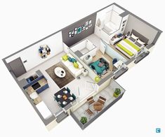 an overhead view of a two bedroom apartment with living room, dining area and kitchen