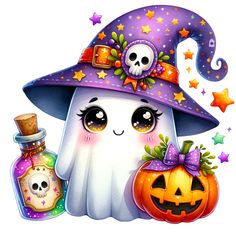 a halloween ghost with a bottle and skull on it's head, wearing a purple witches hat