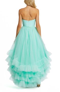 A frothy cascade of tulle ruffles creates dramatic allure on this event-ready strapless dress that's styled with a high-low silhouette. 38" front length; 48 1/2" back length Hidden back-zip closure Sweetheart neck Strapless High-low hem 100% polyester Spot clean Imported Asian Owned/Founded Organza Strapless Dress With Ruffles For Gala, Strapless Organza Evening Dress With Ruffles, Strapless Ruffle Ball Gown For Prom, Strapless Ruffled Dress For Debutante Ball, Strapless Tulle Ball Gown With Ruffles, Strapless Tulle Gown For Prom Season, Strapless Evening Dress With Ruffles For Bridesmaid, Strapless Tulle Dress With Ruffled Skirt, Strapless Tulle Gown